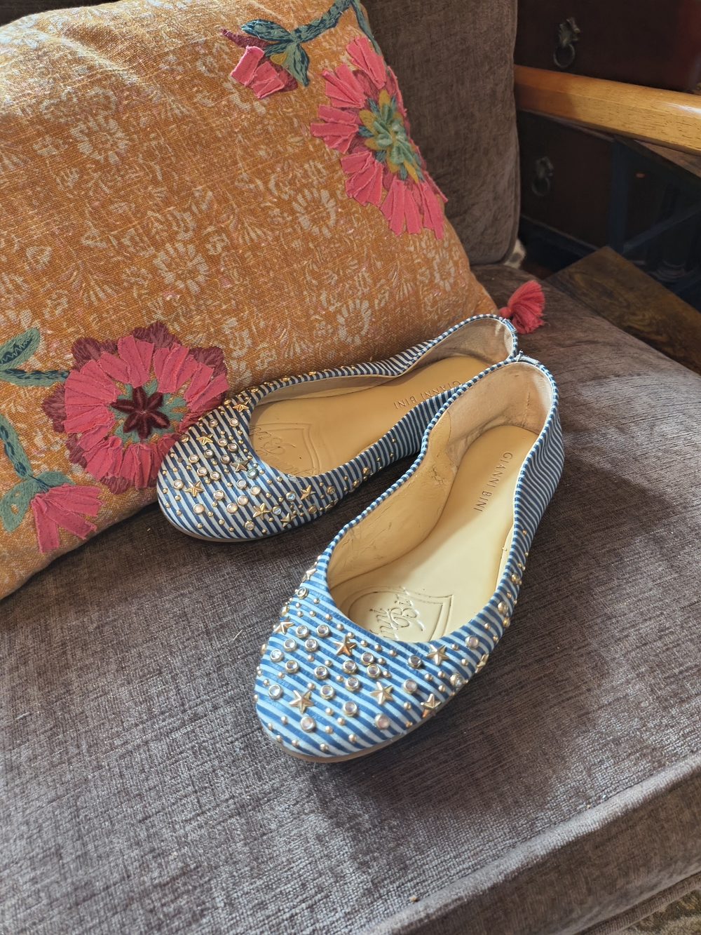 Blue And Aqua Striped Ballet Flats With Gold Stars And Rhinestone Studs.